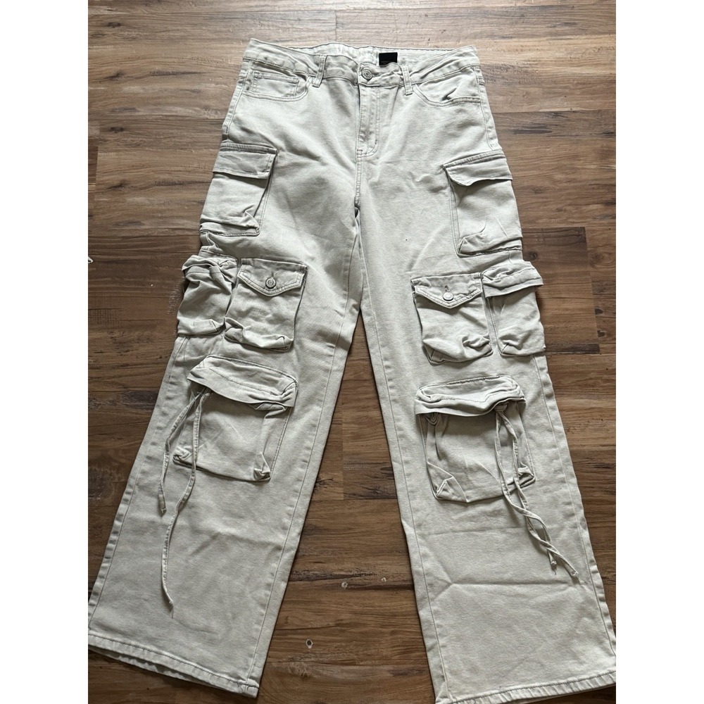 VIP Juniors Khaki Cargo Pants Wide Leg Baggy Retro Y2K Streetwear Size 13/31